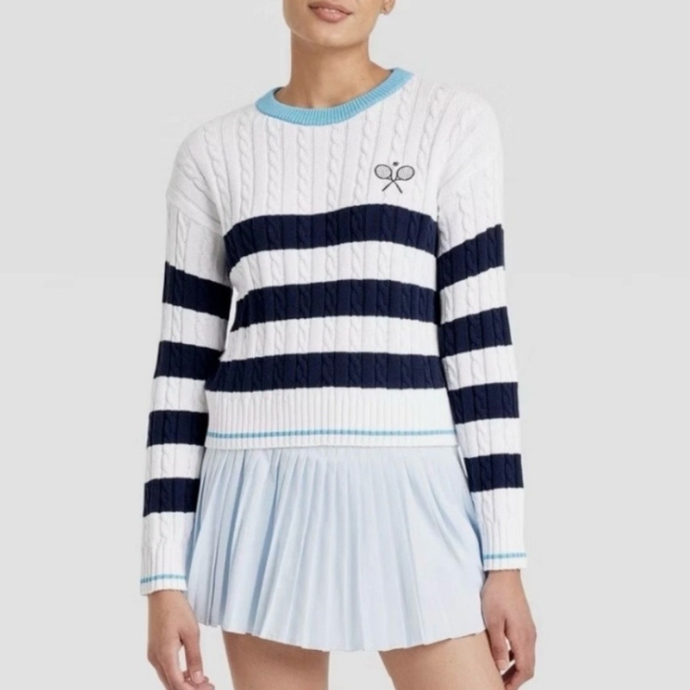 NWT All in Motion Cable Knit Tennis Sweater Striped Cropped Large